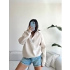 V Yaka Oversize Sweatshirt-BEJ