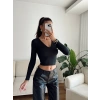 V Yaka Uzun Kol Crop - SİYAH