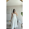 Valeria Kare Yaka Midi Elbise - BEYAZ