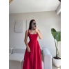 Valeria Kare Yaka Midi Elbise - KIRMIZI