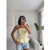 Volanlı Straplez Crop - SARI