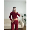 Yan Büzgü Crop & Pantolon Takım - BORDO