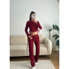 Yan Büzgü Crop & Pantolon Takım - BORDO