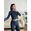 Yan Büzgü Crop & Pantolon Takım - LACİVERT