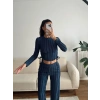 Yan Büzgü Crop & Pantolon Takım - LACİVERT
