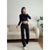 Yan Büzgü Crop & Pantolon Takım - SİYAH