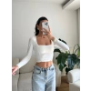 Yan Büzgü Kare Yaka Crop - BEYAZ