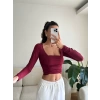 Yan Büzgü Kare Yaka Crop - BORDO