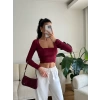 Yan Büzgü Kare Yaka Crop - BORDO