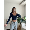 Yan Büzgü Kare Yaka Crop - LACİVERT
