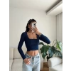 Yan Büzgü Kare Yaka Crop - LACİVERT