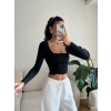 Yan Büzgü Kare Yaka Crop - SİYAH