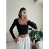 Yan Büzgü Kare Yaka Crop - SİYAH