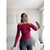 Yan Lastik Kayık Yaka Crop - BORDO