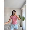 Yan Lastik Kayık Yaka Crop - PEMBE