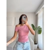 Yan Lastik Kayık Yaka Crop - PEMBE