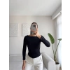 Yan Lastik Kayık Yaka Crop - SİYAH