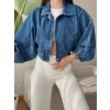 Yarasa Balon Kol Denim Ceket - KOYU MAVİ