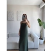 Yırtmaçlı Keten Askılı Elbise - HAKİ