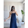 Yırtmaçlı Keten Askılı Elbise - LACİVERT