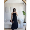 Yırtmaçlı Keten Askılı Elbise - SİYAH