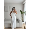 Yırtmaçlı Straplez Kuşaklı Elbise - BEYAZ