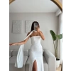 Yırtmaçlı Straplez Kuşaklı Elbise - BEYAZ