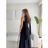 Yırtmaçlı Straplez Kuşaklı Elbise - SİYAH