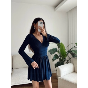 Pileli Kruvaze Şortlu Elbise - LACİVERT