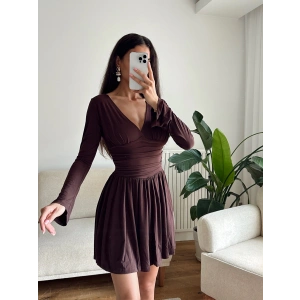 Pileli Kruvaze Şortlu Elbise - KAHVE