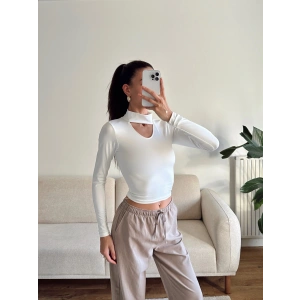 Choker Yaka Crop Bluz - BEYAZ