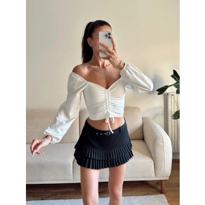 Ön Büzgülü Balon Kol Crop - BEYAZ