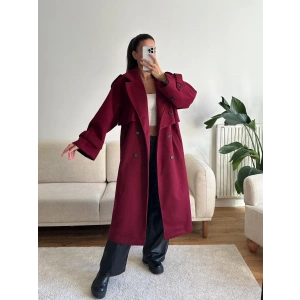 Beli Kuşaklı Kaşe Kaban - BORDO