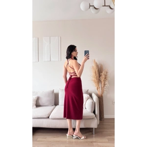 Sırt Dekolte Derin Yırtmaç Elbise - BORDO