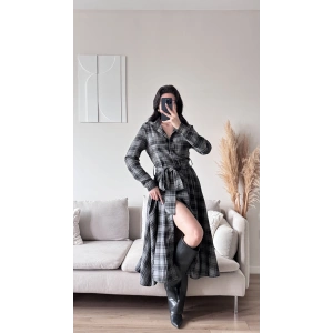 Ekose Kuşaklı Gömlek Elbise - GRİ