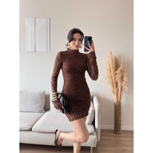 Balıkçı Yaka Dantel Elbise - KAHVE