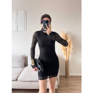 Balıkçı Yaka Dantel Elbise - SİYAH