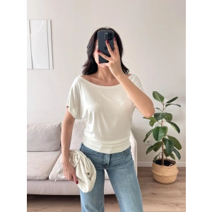 Kayık Yaka Bel Lastik Crop - BEYAZ