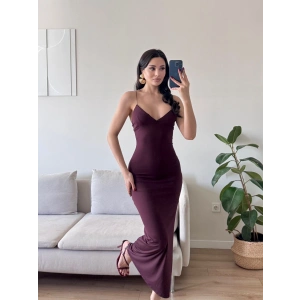 Askılı V Yaka Premium Elbise - KAHVE