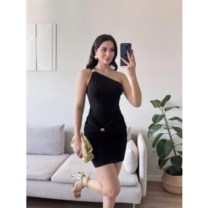 Aksesuarlı Tek Omuz Elbise -SİYAH