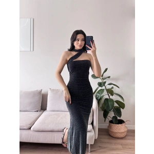 Kuşaklı Straplez Simli Elbise