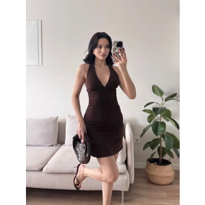 Boyun Geçmeli Simli Elbise - KAHVE