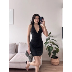 Boyun Geçmeli Simli Elbise - GÜMÜŞ