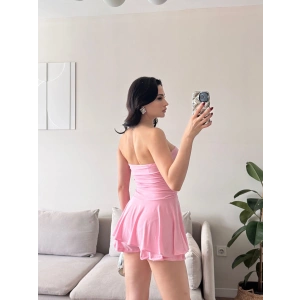 Straplez Volanlı Şortlu Elbise - PEMBE