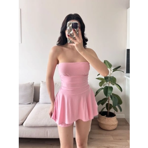 Straplez Volanlı Şortlu Elbise - PEMBE