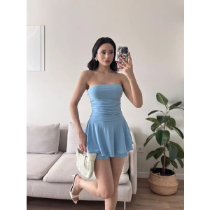 Straplez Volanlı Şortlu Elbise - MAVİ