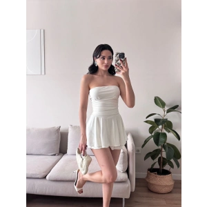 Straplez Volanlı Şortlu Elbise - BEYAZ