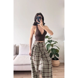 Bel Fular Ekose Pantolon - YEŞİL