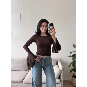 Kol Volanlı Transparan Crop - KAHVE