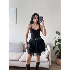 Dantel Detay Kemerli Etek - SİYAH